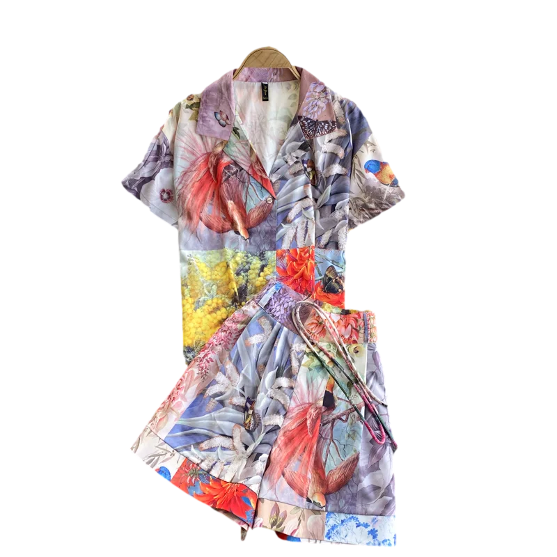 Summer Tropical Flower and Bird Print Lapel Short Sleeve Shirt High Waist Slim Casual Wide Leg Shorts Vacation Set C587
Summer Tropical Flower and Bird Print Lapel Short Sleeve Shirt High Waist Slim Casual Wide Leg Shorts Vacation Set C587