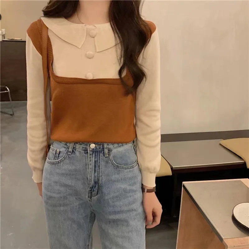 Spring Autumn 2021 Patchwork Long Sleeve Top Female Elegant Blouse Korean Style Knitted T Shirt Collar Jumper Buttons Sweater 
Spring Autumn 2021 Patchwork Long Sleeve Top Female Elegant Blouse Korean Style Knitted T Shirt Collar Jumper Buttons Sweater