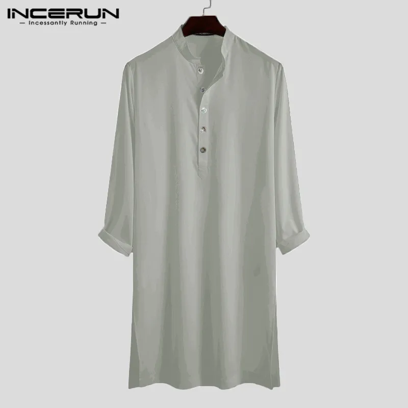 

Мужская винтажная мусульманская рубашка INCERUN, однотонная на пуговицах, с длинным рукавом, воротником-стойкой, Suadi, Арабская длинная одежда, ...