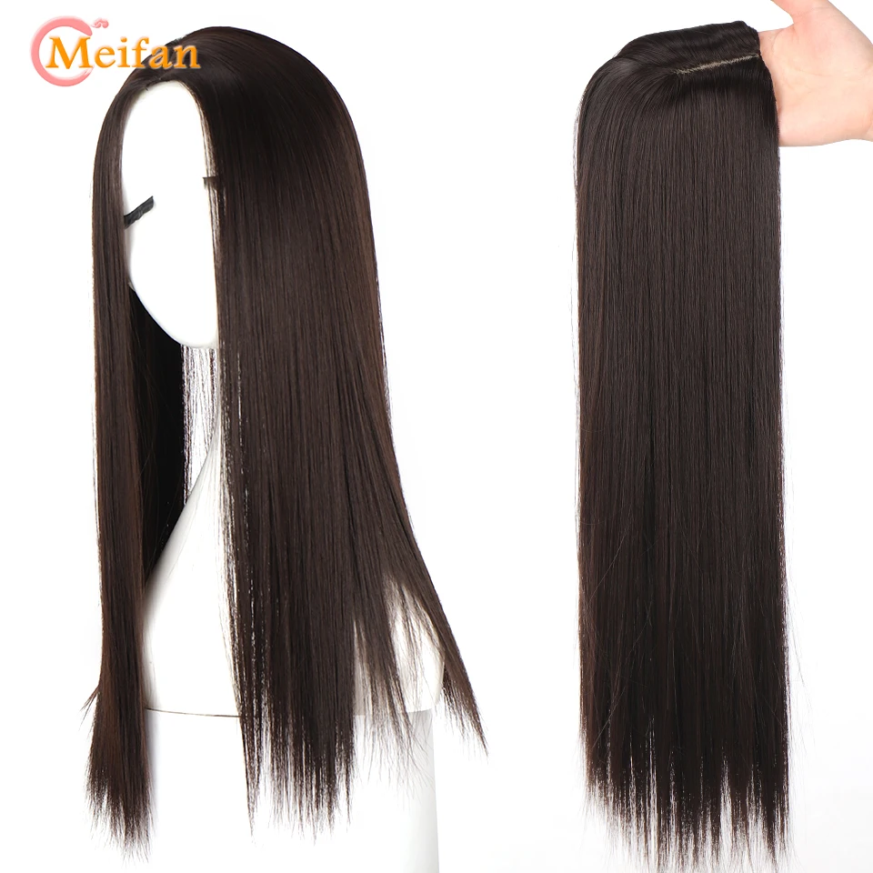 

MEIFAN Long Synthetic Clip on Hair Extension Topper Add Volume Middle Part Invisible Closure Hairpiece for Covering White Hair