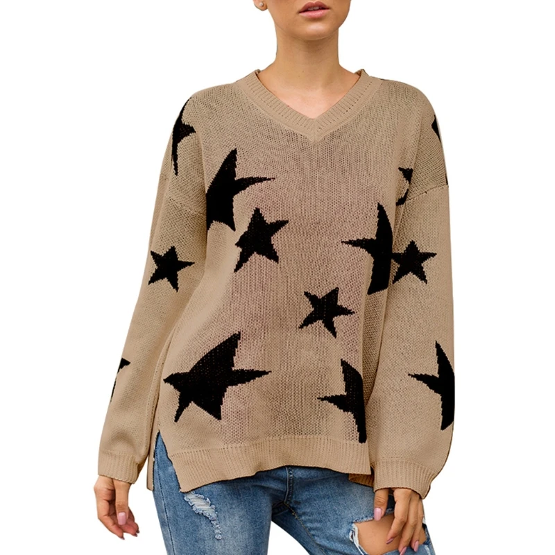 

Women Autumn Lantern Long Sleeve Sweater Sexy V-Neck Colorblock Star Knitted Tunic Tops Side Split Oversized Loose Pullover Jump