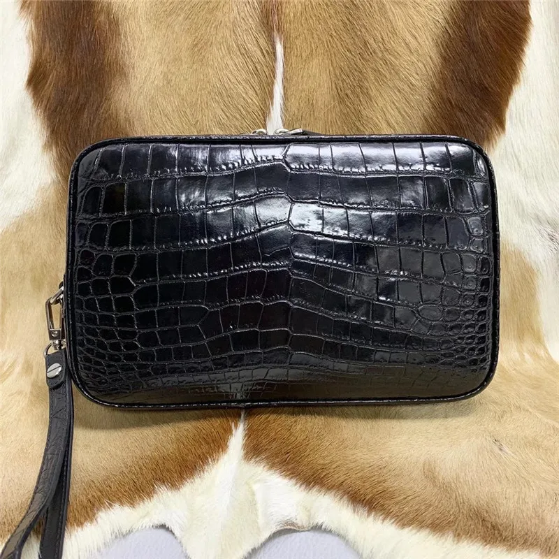 

Exotic Real Crocodile Skin Zipper Closure Businessmen Black Clutch Large Card Purse Genuine Alligator Leather Male Wristlet Bag