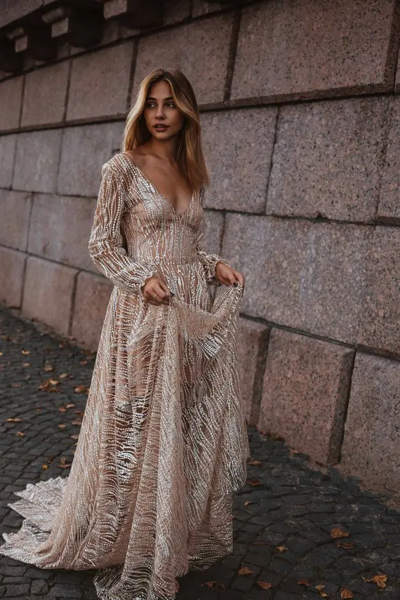 

Женское вечернее платье в пол Ever Pretty, блестящее ТРАПЕЦИЕВИДНОЕ ПЛАТЬЕ С V-образным вырезом, длинным рукавом, 2021