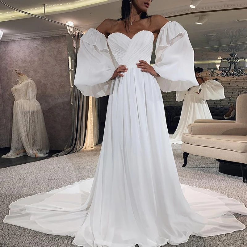 Sexy Beach Long Sleeves Wedding Dresses Boho Sweetheart A Line Pleated Chiffon Lace Up Back Bridal Gowns Vestido De Mariee
Sexy Beach Long Sleeves Wedding Dresses Boho Sweetheart A Line Pleated Chiffon Lace Up Back Bridal Gowns Vestido De Mariee