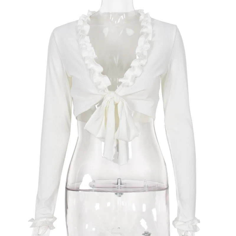 ZY Women Long Sleeve Tie Front Crop Top Ruffles V-neck Slim Fit T-shirt Summer Fashion White Short Top Tee Shirt Streetwear
ZY Women Long Sleeve Tie Front Crop Top Ruffles V-neck Slim Fit T-shirt Summer Fashion White Short Top Tee Shirt Streetwear