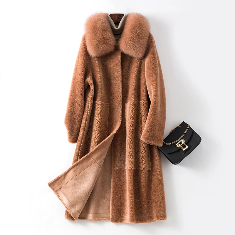 Женская длинная куртка с овчиной винтажная из 100%-ной шерсти воротником