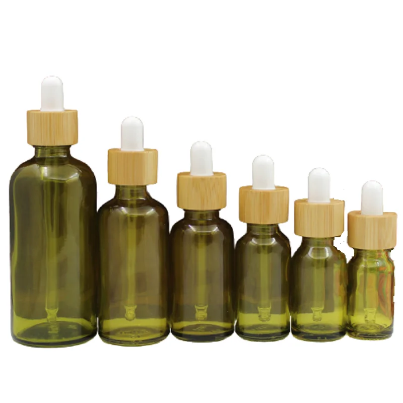 

5/10/15/20/30/50/100ML Glass Dropper Bottle Olive Green Skincare Essential Oil Dropper Pipette Bottle with Bamboo Wood Lid 10pcs