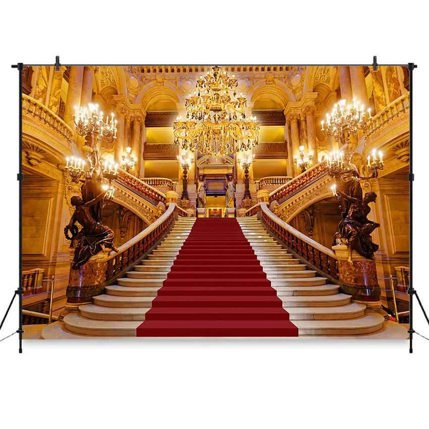 

Photography Backdrop Red Carpet Stairs Beauty Beast Party Decorations Luxurious Castle Light Palace Photo Background Studio