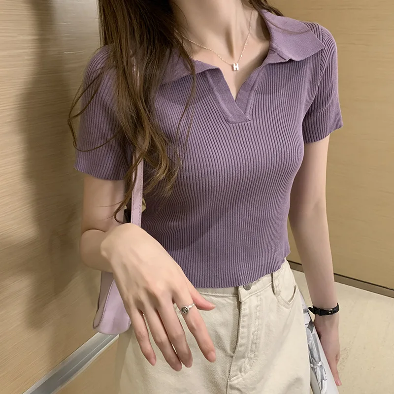 Spring Summer Polo Collar Black Purple Sweater Tops New Korean Women's Slim Short Sleeve Knitted Pullover Women Clothes
Spring Summer Polo Collar Black Purple Sweater Tops New Korean Women's Slim Short Sleeve Knitted Pullover Women Clothes