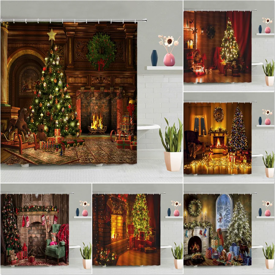 

Christmas Shower Curtain Vintage Rustic Brick Fireplace Pine Fir Trees Gifts New Year Bathroom Sets Retro Fabric Bath Curtains