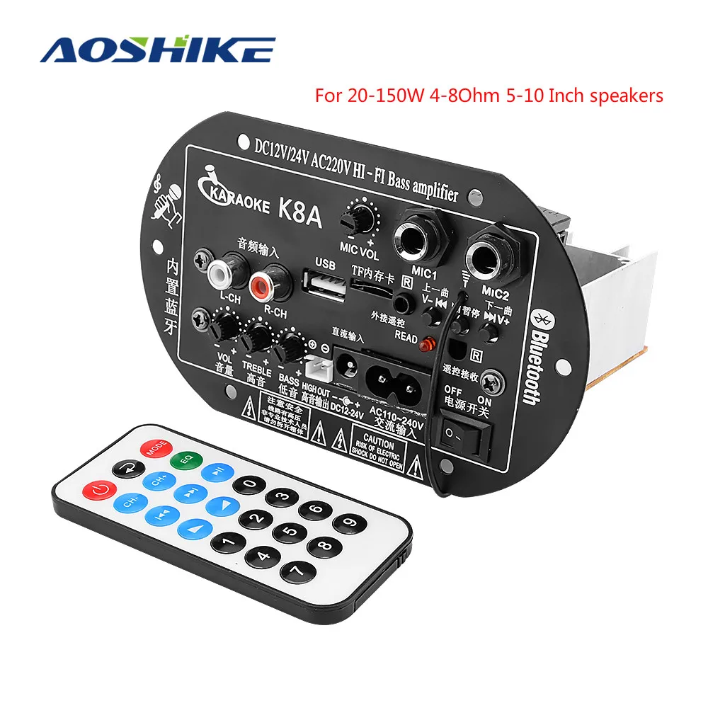 AOSHIKE Bluetooth Сабвуфер автомобильный усилитель мощности двойной микрофон 12 В 24 в 220