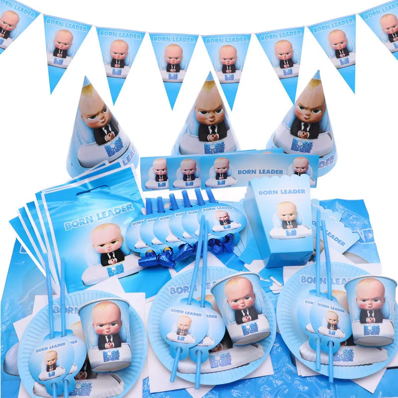 Baby Boss Disposable Tableware Set Boys 1st Birthday Party Decor Supplies Napkin Plate Cup Popcorn Box Tablecloth Favors | Дом и сад