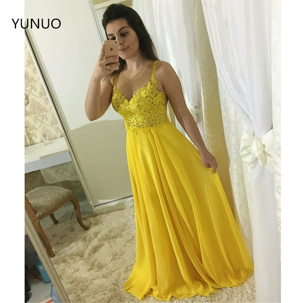 YUNUO Yellow Chiffon Prom Dresses 2021 Spaghetti Straps Illusion Back Lace Applique Custom Made Evening Gown Formal Wear
YUNUO Yellow Chiffon Prom Dresses 2021 Spaghetti Straps Illusion Back Lace Applique Custom Made Evening Gown Formal Wear