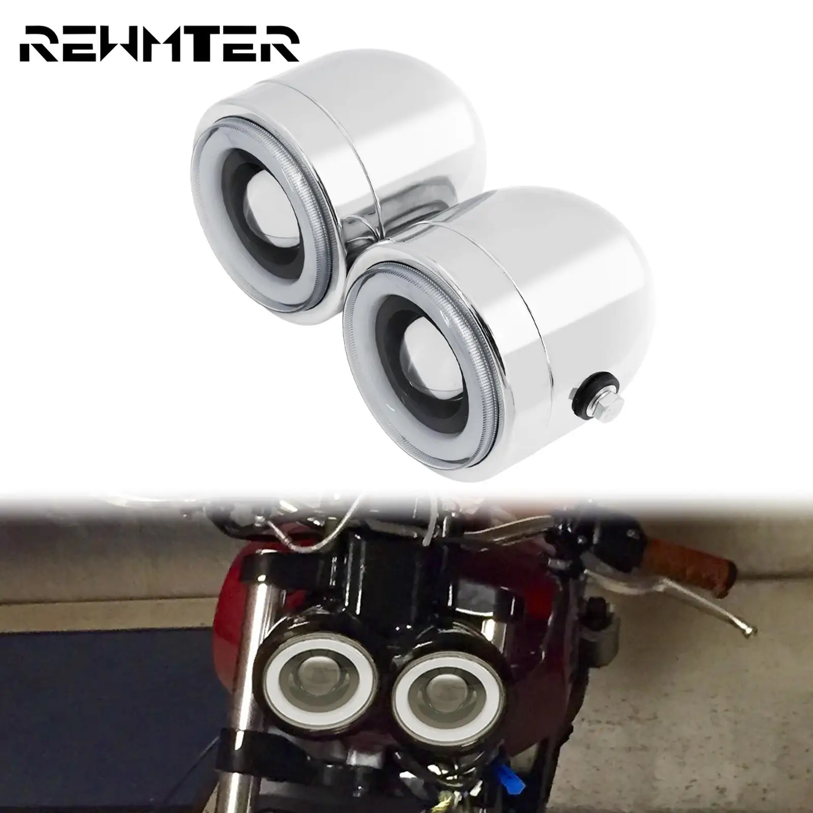 

2xMotorcycle Front Twin Dual Headlight Double Headlamp Light W/Amber Angel Eyes Lamp For Harley Chopper Bobber Custom Cafe Racer
