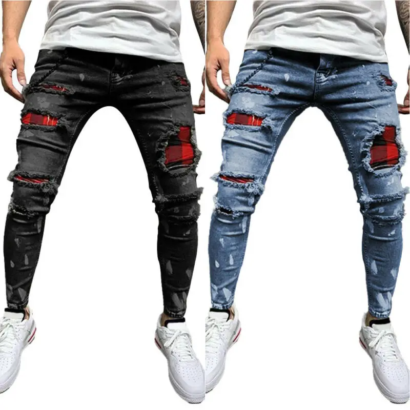 Мужские рваные узкие джинсы, облегающие эластичные повседневные длинные брюки из денима 
Мужские рваные узкие джинсы, облегающие эластичные повседневные длинные брюки из денима