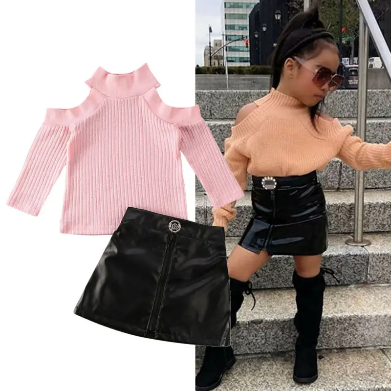 2PCS Toddler Baby Girl Autumn Winter Clothes Sweater Off Shoulder Turtleneck Tops+Mini Leather Skirt Outfits Set
2PCS Toddler Baby Girl Autumn Winter Clothes Sweater Off Shoulder Turtleneck Tops+Mini Leather Skirt Outfits Set
