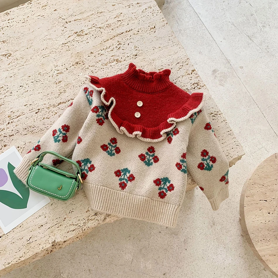 Winter Thick Sweater For Baby Girl 1-6 Years Kids Ruffle Neck Patchwork Embroidered Tops Children Sweet Floral Knitted Clothes
Winter Thick Sweater For Baby Girl 1-6 Years Kids Ruffle Neck Patchwork Embroidered Tops Children Sweet Floral Knitted Clothes