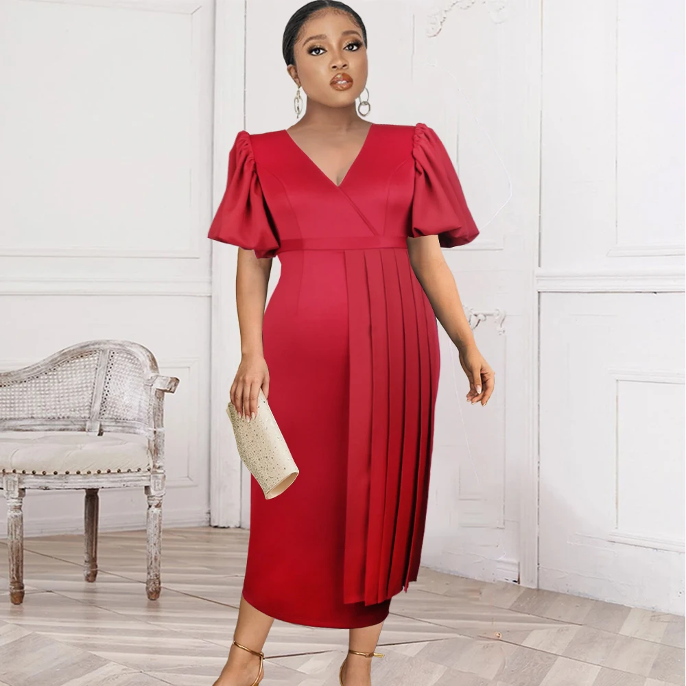 

Plus Size Elegant Party Dress Burgundy Vintage V Neck Lantern Sleeve Pleated Asymmetric Curvy Women Summer Birthday Outfits