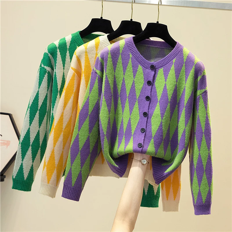 2021 autumn new purple retro diamond cardigan knitted jacket lazy sweater Coat women knit sweater long-sleeved top women winter
2021 autumn new purple retro diamond cardigan knitted jacket lazy sweater Coat women knit sweater long-sleeved top women winter