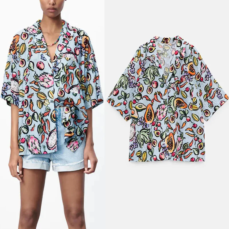 Summer Fruit Print Female Shirt Za 2021 Short Sleeve Lapel Casual Shirts Vintage Button Up Slit Hem Loose Vacation Shirts Women
Summer Fruit Print Female Shirt Za 2021 Short Sleeve Lapel Casual Shirts Vintage Button Up Slit Hem Loose Vacation Shirts Women