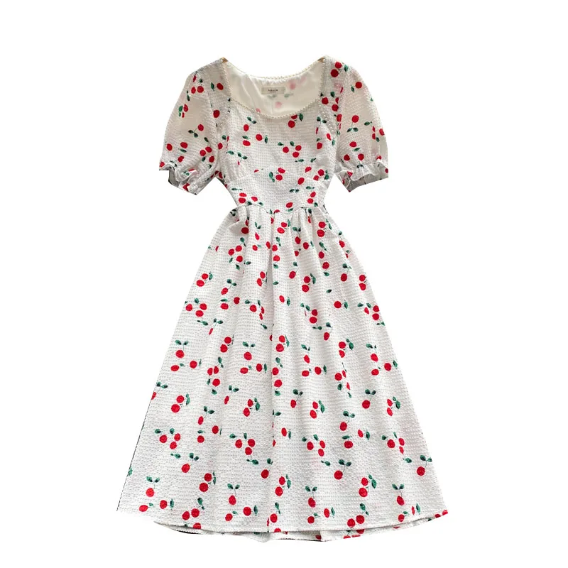 Summer New French Vestidos Female Puff Sleeve Sweet Cherry Print Beaded Square Collar Slim Midi Dress DK640
Summer New French Vestidos Female Puff Sleeve Sweet Cherry Print Beaded Square Collar Slim Midi Dress DK640