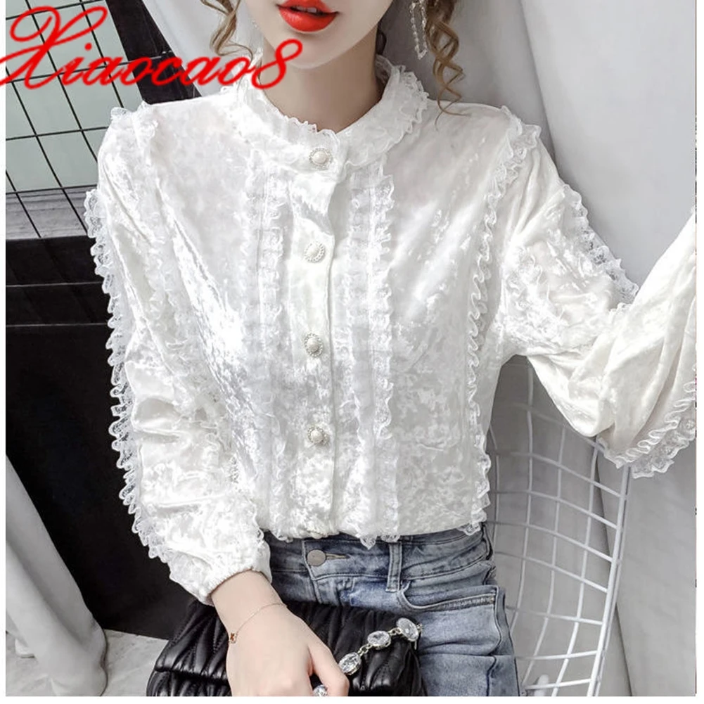 2021Spring Gold Velvet Lace Collar Long Sleeve Woman Blouse Plus Size Pearl Button Women Shirts Black White Female Eegant Tops
2021Spring Gold Velvet Lace Collar Long Sleeve Woman Blouse Plus Size Pearl Button Women Shirts Black White Female Eegant Tops