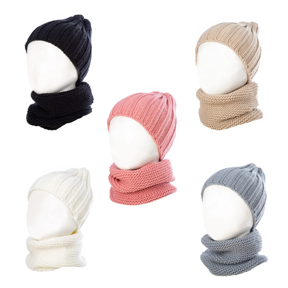Вязаная шапка и шарф для детей 2 шт. однотонная акриловая детская с шарфом вязаные