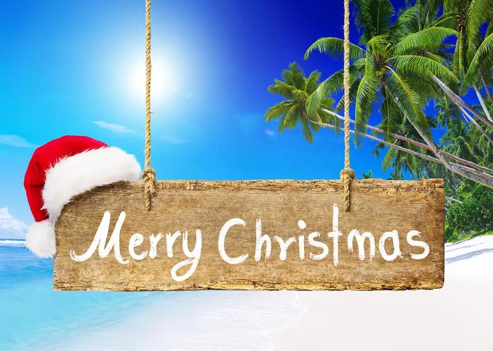 Фон для фотосъемки с изображением тропического пейзажа надписью "Merry Christmas" |