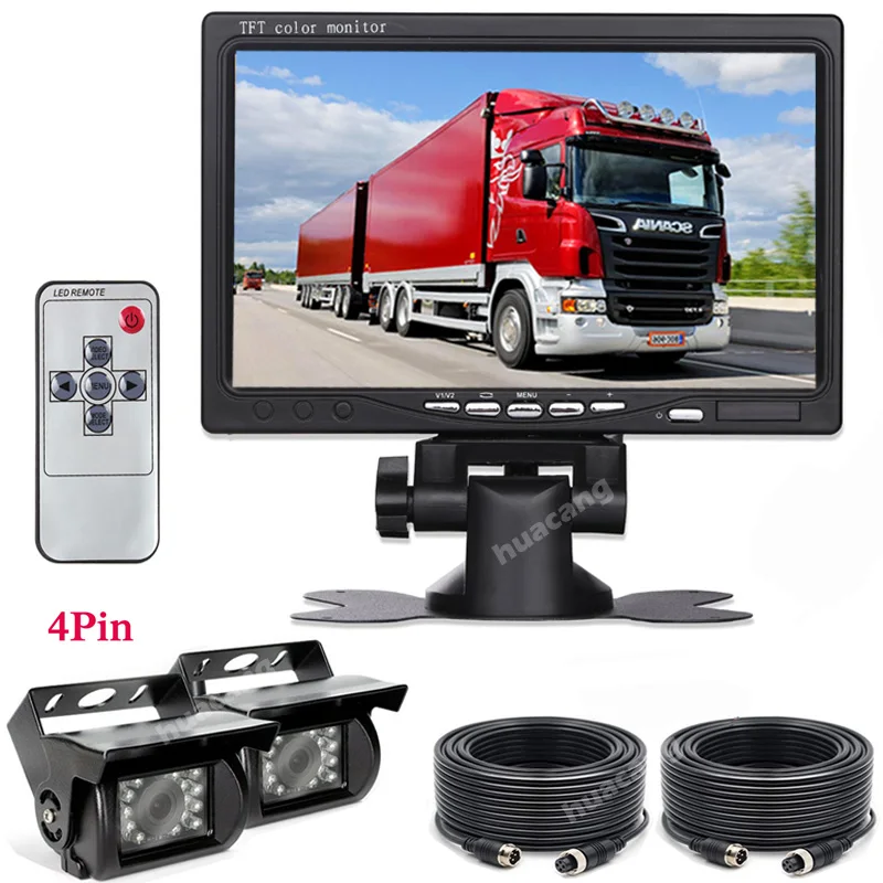 

12V-24V 7" TFT LCD 4Pin Trailer Truck RV HD Reversing Rear View Monitor +2x 18LEDs Waterproof Night Vision Reverse Camera