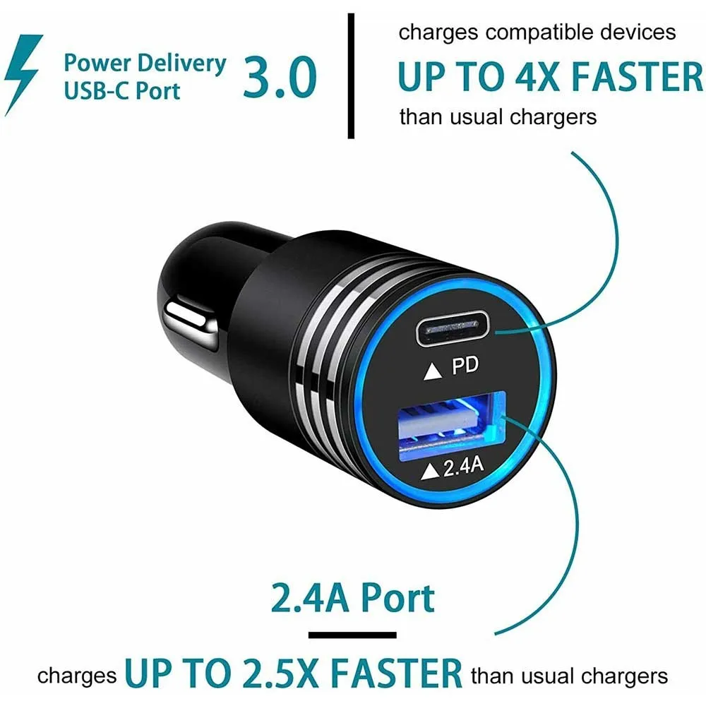 Универсальное автомобильное зарядное устройство с USB-портом и разъемом типа C для смартфона
Универсальное автомобильное зарядное устройство с USB-портом и разъемом типа C для смартфона