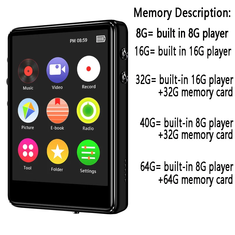 Original Metal Mp3 Player Bluetooth 5.0 Touch Screen 2.4 Inch Built-in Speaker 16g with E-book Radio Recording Video Playback
Original Metal Mp3 Player Bluetooth 5.0 Touch Screen 2.4 Inch Built-in Speaker 16g with E-book Radio Recording Video Playback