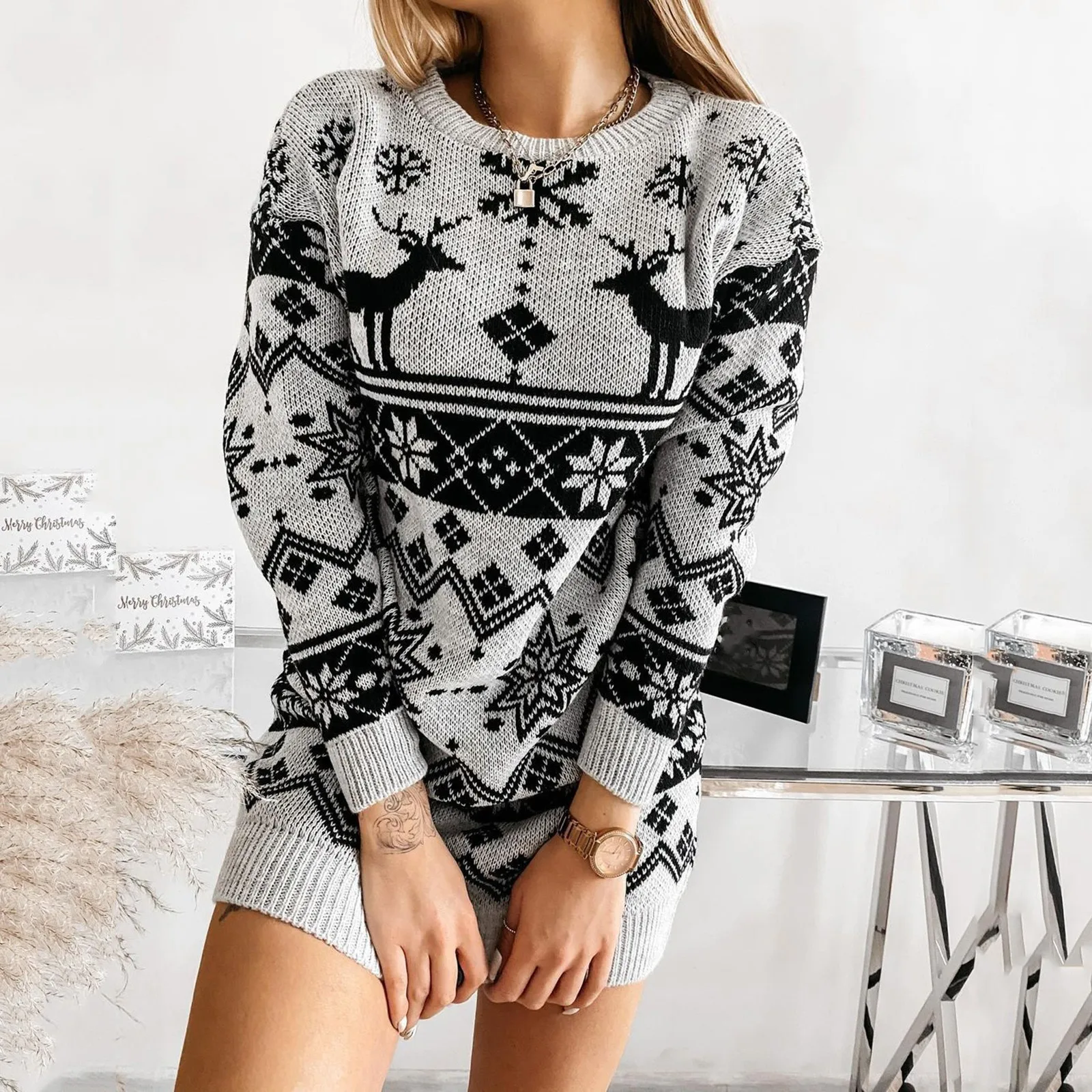 Christmas Slim Tunic Knit Pullovers Sweater Elk Print Knitted Dresses O Neck Long Sleeve Sweater Mni Dress Свитер Женский
Christmas Slim Tunic Knit Pullovers Sweater Elk Print Knitted Dresses O Neck Long Sleeve Sweater Mni Dress Свитер Женский