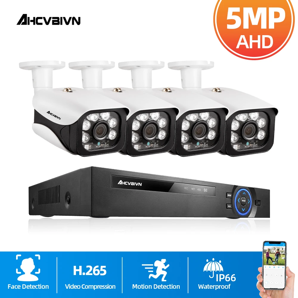 

4CH 5MP DVR NVR Security Camera System H.265 Face Detection 5.0MP AHD Bullet Camera Indoor Outdoor CCTV Video Surveillance Kit