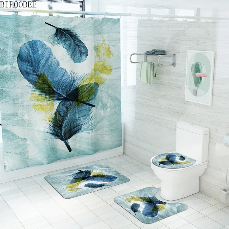 

Beautiful Feathers Shower Curtain Set Bath Mats Rugs Non-Slip Pedestal Rug Toilet Lid Cover Carpet Bathroom Curtains with Hooks