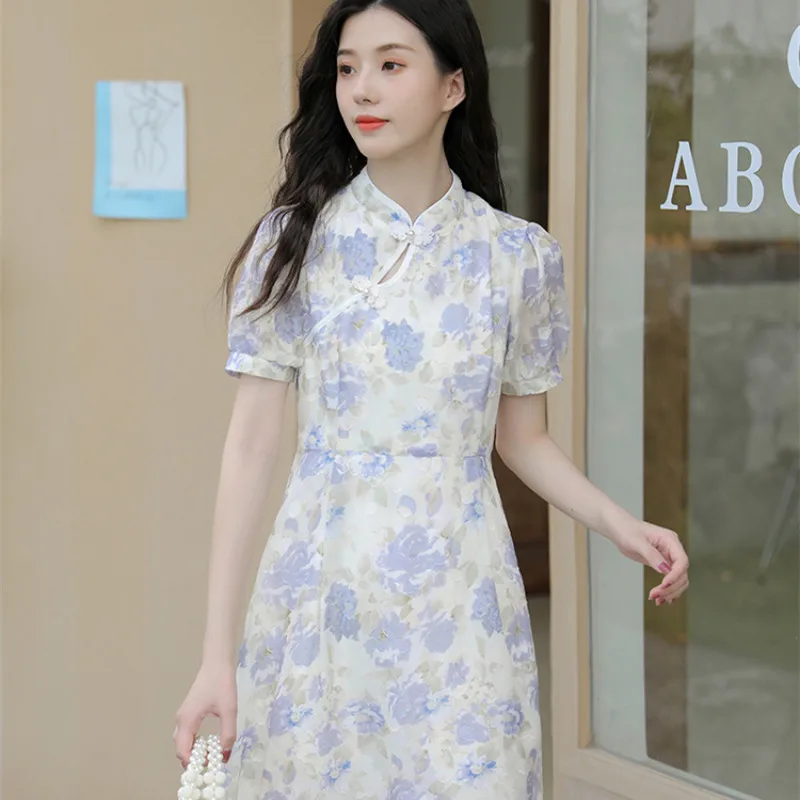 

A-line Skirt Female Summer High Waist French Improved Cheongsam Chiffon Puff Sleeve Floral Dress New Stand Collar Purplish Blue