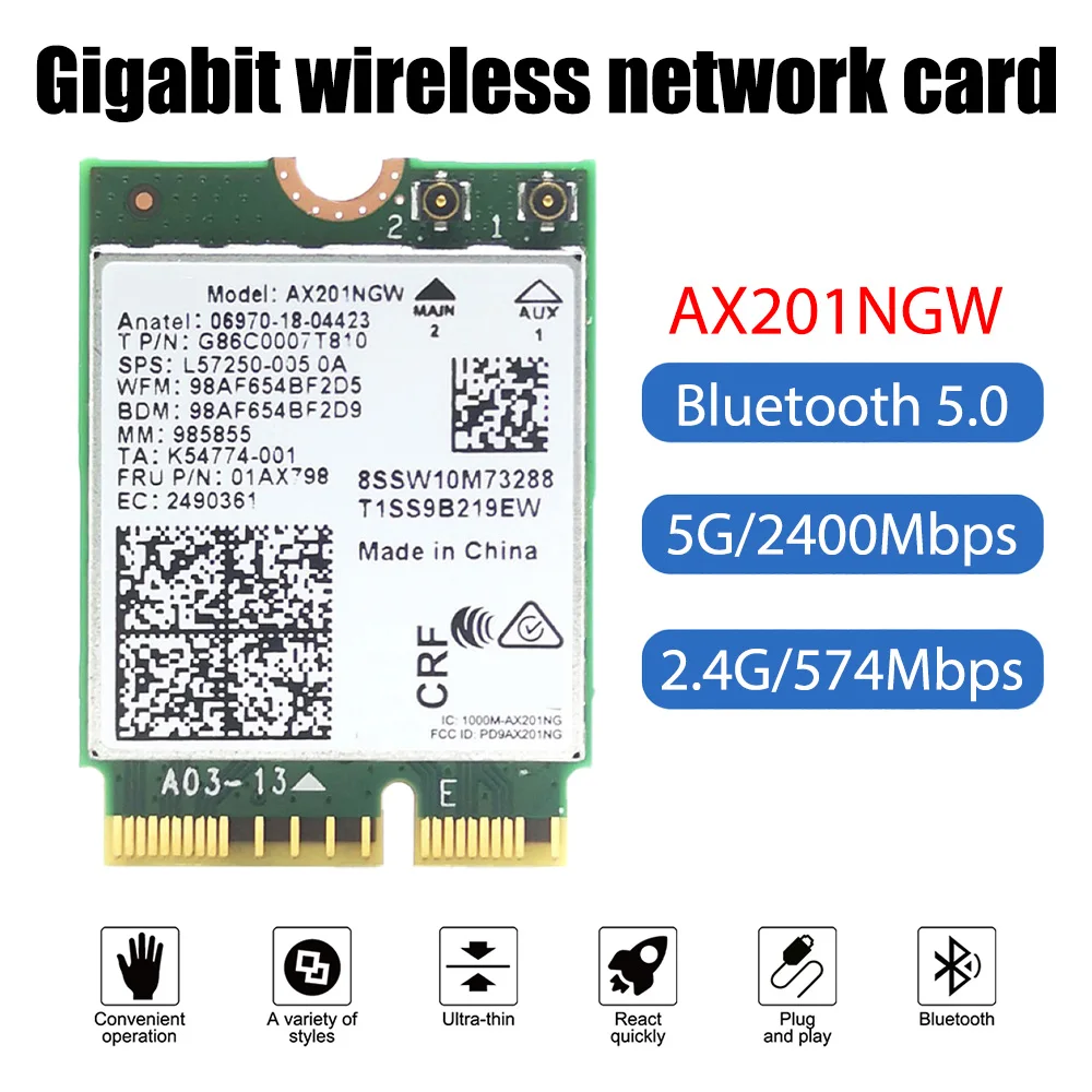 AX201NGW WIFI6 Gigabit M.2 NGFF 2.4Gbps Wireless Wlan WiFi Card Support Bluetooth 5.0 Wlan Card for Windows 10 * 64 bit 
AX201NGW WIFI6 Gigabit M.2 NGFF 2.4Gbps Wireless Wlan WiFi Card Support Bluetooth 5.0 Wlan Card for Windows 10 * 64 bit