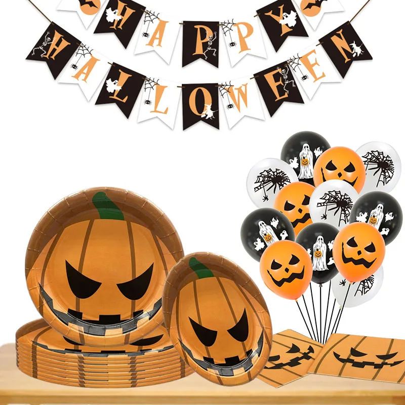 Halloween Disposable Pumpkin Tableware Paper Plates Cups Happy Halloween Banner Balloon Decoration Supplies
Halloween Disposable Pumpkin Tableware Paper Plates Cups Happy Halloween Banner Balloon Decoration Supplies