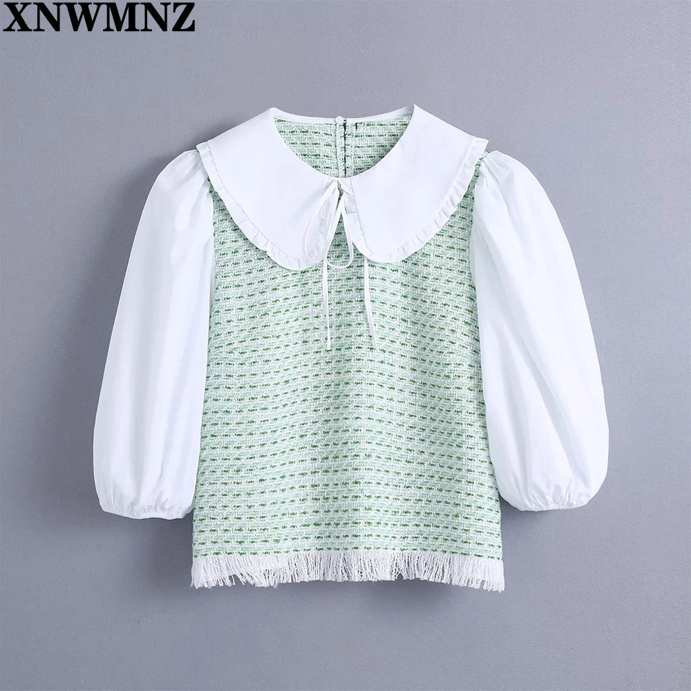 XNWMNZ 2021 Summer Fashion women's contrast textured shirt Sweet half sleeve Peter pan collar stitching shirt blouse For Girls
XNWMNZ 2021 Summer Fashion women's contrast textured shirt Sweet half sleeve Peter pan collar stitching shirt blouse For Girls