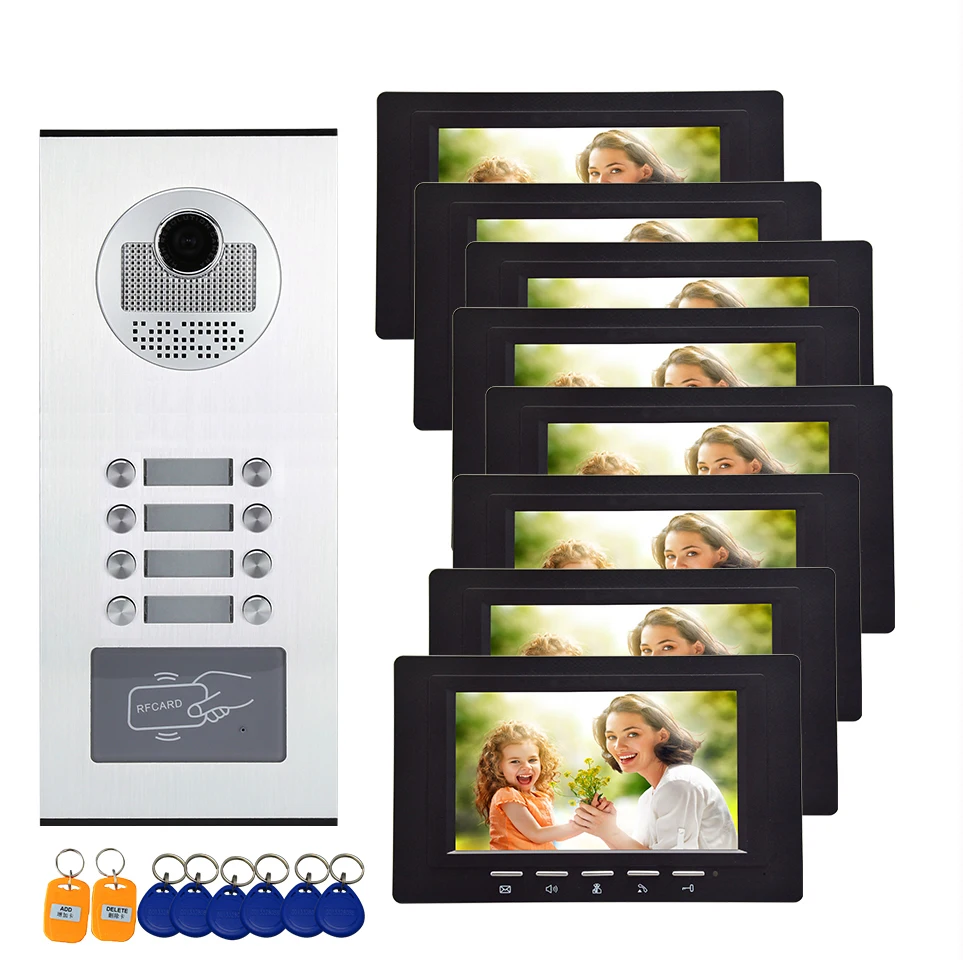 7 Inch 8 Unists Multi-apartment Video Door Intercom System with RFID Keyfobs/Power Video Door Phone Doorbell for Apartment
7 Inch 8 Unists Multi-apartment Video Door Intercom System with RFID Keyfobs/Power Video Door Phone Doorbell for Apartment
