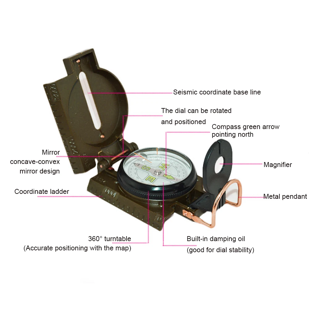 Multifunctional Portable Compass Military Sighting Navigation Lensatic Compass With Inclinometer For Camping Hiking Backpacking
Multifunctional Portable Compass Military Sighting Navigation Lensatic Compass With Inclinometer For Camping Hiking Backpacking
