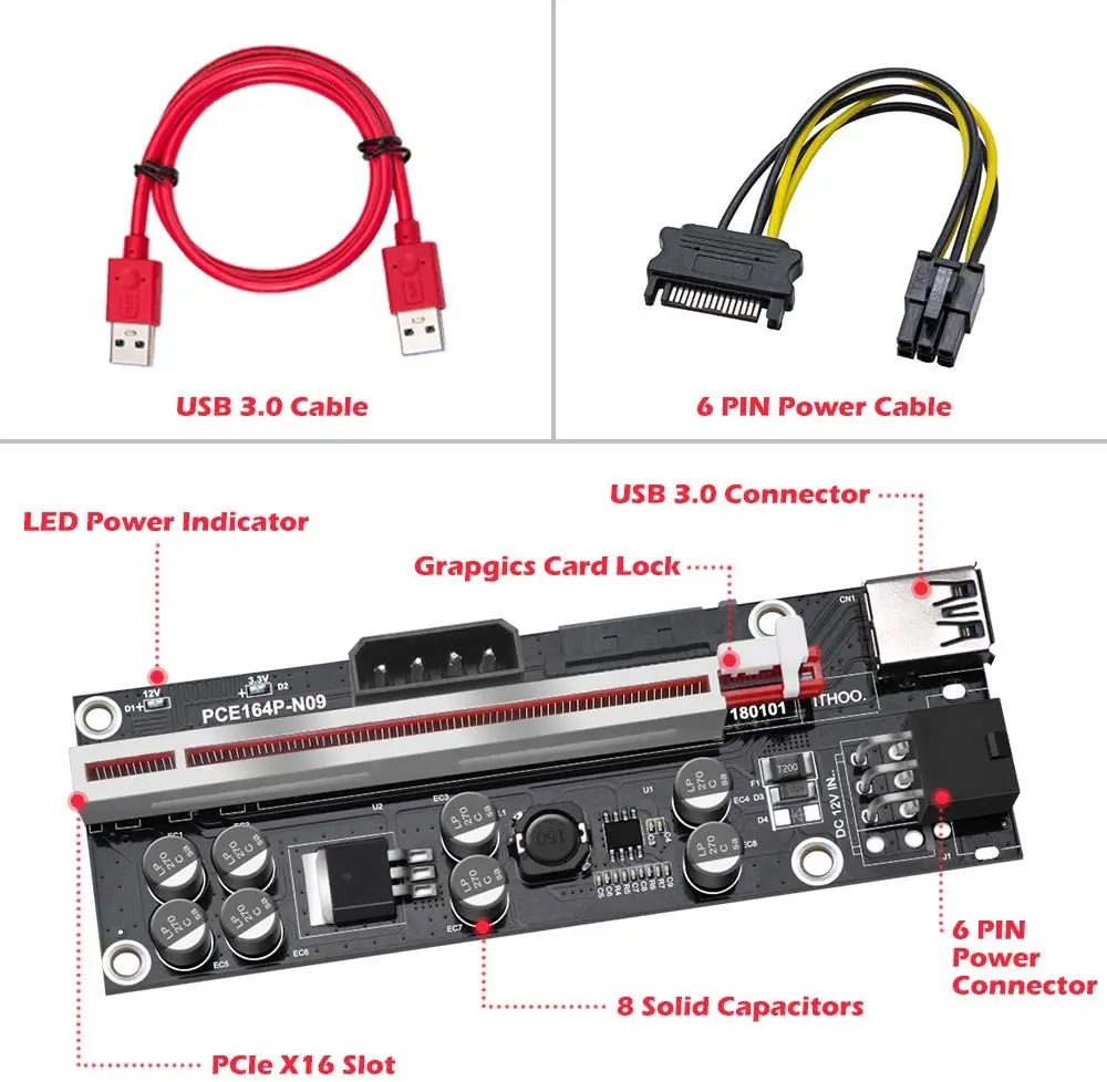 6pcs VER009S Plus PCI-E Riser Card PCI Express 1X to 16X USB 3.0 Cable SATA to 6Pin Connector for Graphics Video Card Mining
6pcs VER009S Plus PCI-E Riser Card PCI Express 1X to 16X USB 3.0 Cable SATA to 6Pin Connector for Graphics Video Card Mining