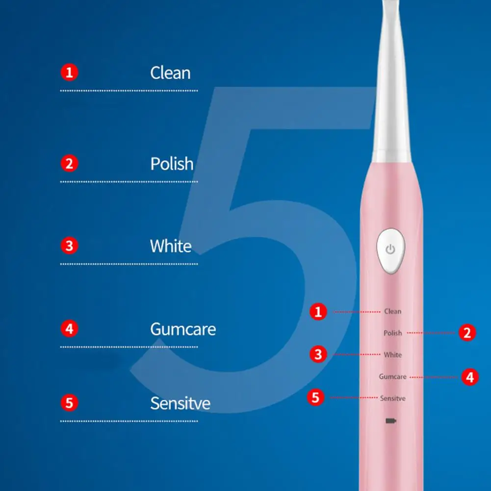 USB Rechargeable Travel Portable 5 Mode Ultrasonic Automatic Waterproof Electric Toothbrush with 4pcs Toothbrush Head
USB Rechargeable Travel Portable 5 Mode Ultrasonic Automatic Waterproof Electric Toothbrush with 4pcs Toothbrush Head