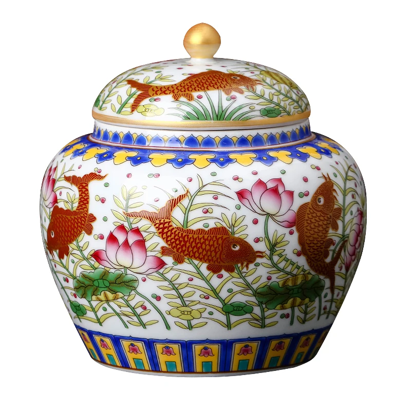 

Qianlong Year Mark Enamel Jar Tea Caddy Painted Gold Lotus Pond Fish Pattern Tea Pot Antique Porcelain Jar