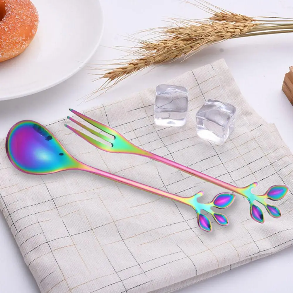 Stainless Steel Spoon Fork Gradient Colorful Fresh Fruit Fork Branch Stirring Coffee Spoon Durable Leaf New Design Tableware
Stainless Steel Spoon Fork Gradient Colorful Fresh Fruit Fork Branch Stirring Coffee Spoon Durable Leaf New Design Tableware