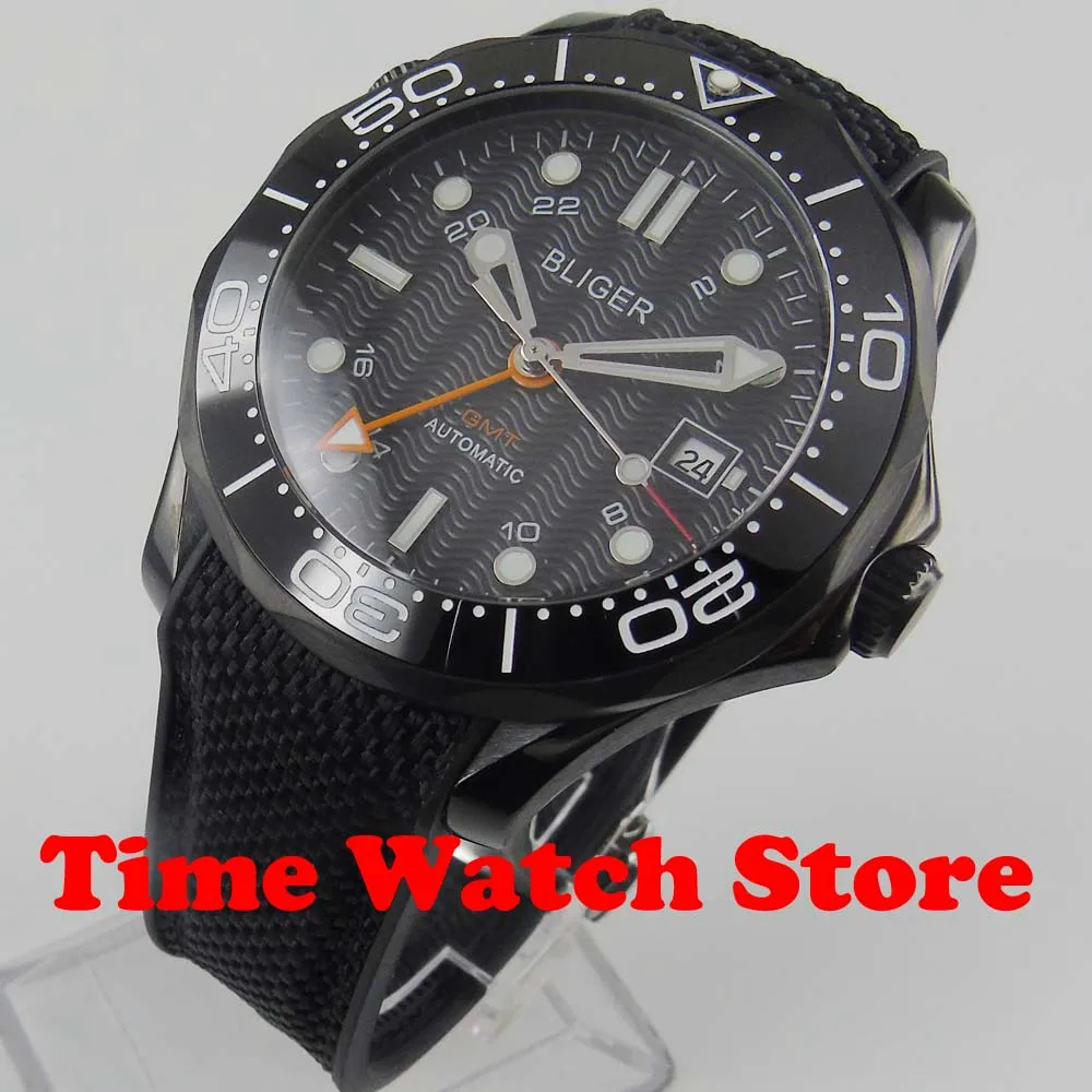 

Bliger 41mm GMT 3804 PVD case automatic men's watch sapphire glass black dial luminous ceramic bezel waterproof deployant 2