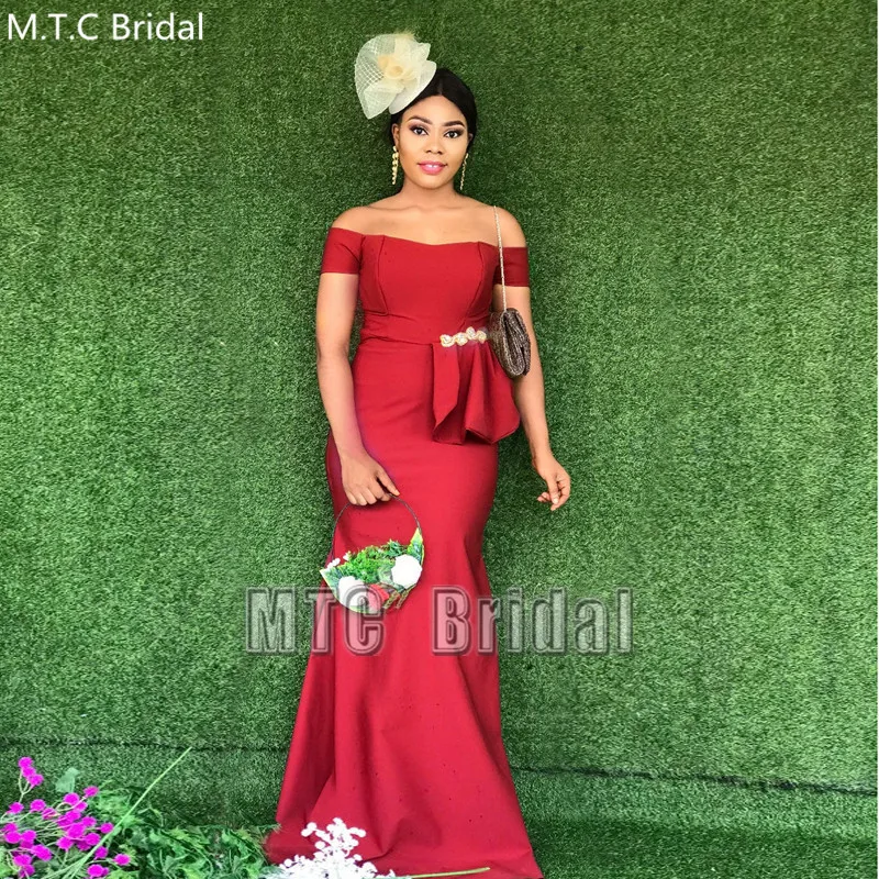 Long Red Mermaid African Bridesmaid Dresses Boat Neck Off The Shoulder Satin Wedding Party Dress Plus Size Wedding Guest Gowns 
Long Red Mermaid African Bridesmaid Dresses Boat Neck Off The Shoulder Satin Wedding Party Dress Plus Size Wedding Guest Gowns