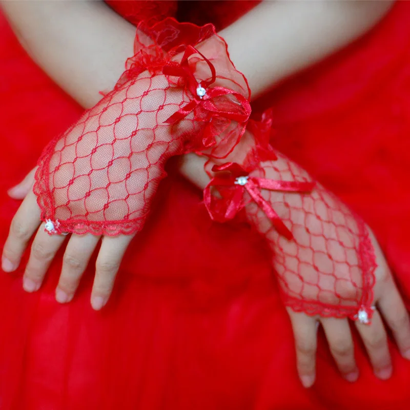 

Новинка модные белые черные красные цветные свадебные перчатки для невесты без пальцев сексуальные кружевные короткие перчатки с бантом д...