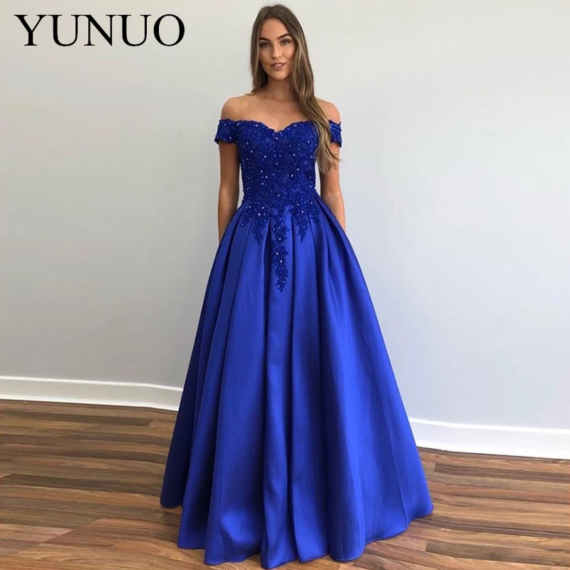 YuNuo элегантный насыщенного синего цвета Вечерние платья с открытыми плечами