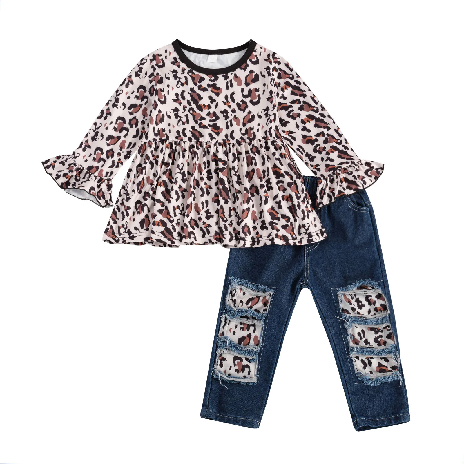 Child's Leopard Print Suit, Long Sleeve Round Neck Pagoda Sleeve Top Elastic Head Ripped Long Jeans Autumn Outfits
Child's Leopard Print Suit, Long Sleeve Round Neck Pagoda Sleeve Top Elastic Head Ripped Long Jeans Autumn Outfits