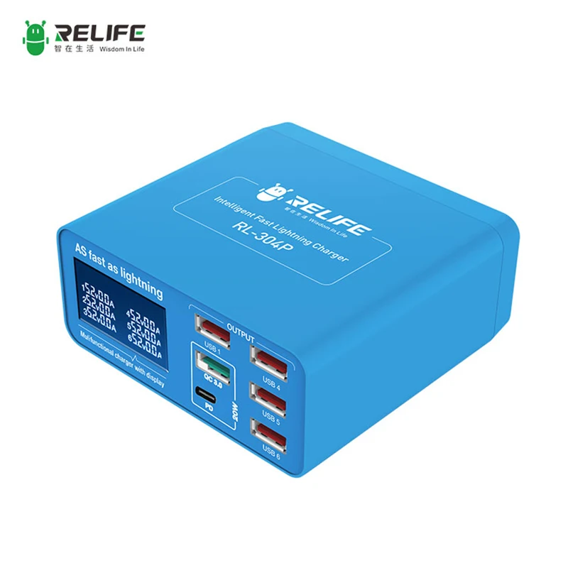 

RELIFE RL-304P PD3.0+QC3.0 Smart 6-port USB Digital Display Lightning Charger for iPhone HUAWEI XIAOMI Phone Tablet Charging